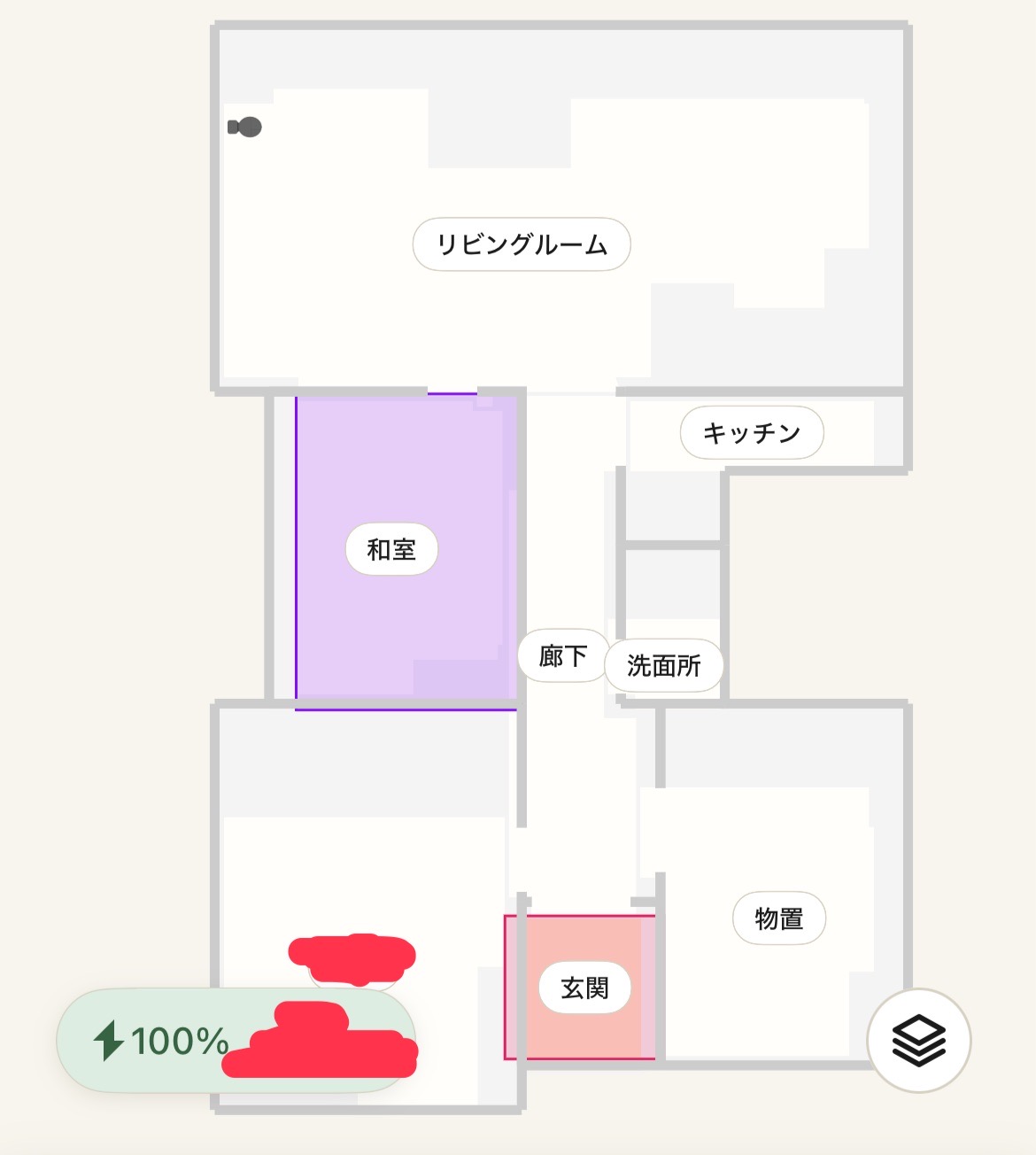 我が家のマッピングはこんな感じ。
紫は拭き掃除禁止エリア、赤は進入禁止エリアで設定している